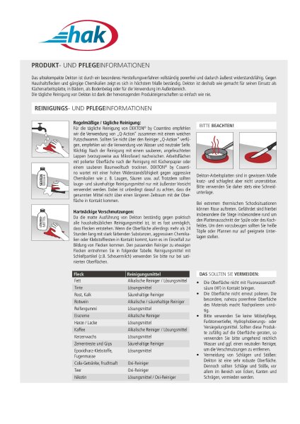 Produkt- und Pflegeinformationen für das Material Dekton